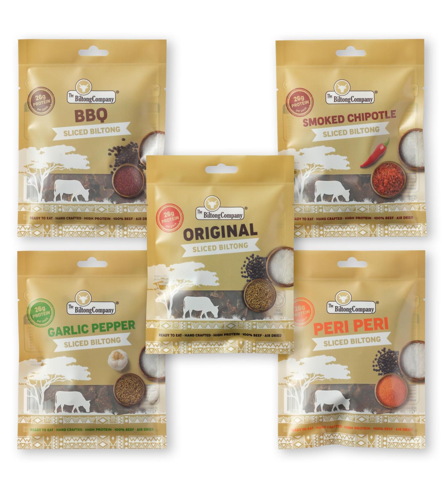 Sliced Biltong 5 Flavours - 5 x 50g (250g) Natural Spicy Beef Biltong by The Biltong Company High in Protein & Keto Diet-Approved Lean Biltong Spiced Meat Snack Like Jerky - Buy Online on GoSupps.com