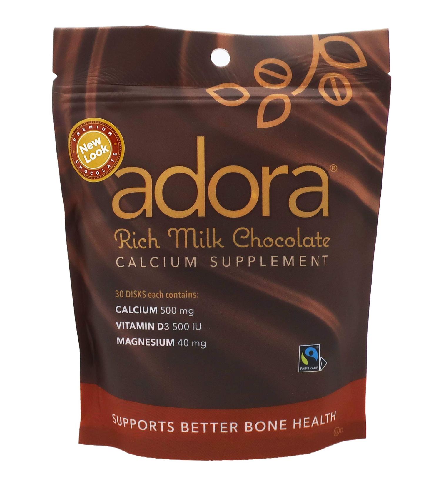 Adora Calcium Supplement Fairtrade Milk Chocolate Pack of 12 - 30 ct