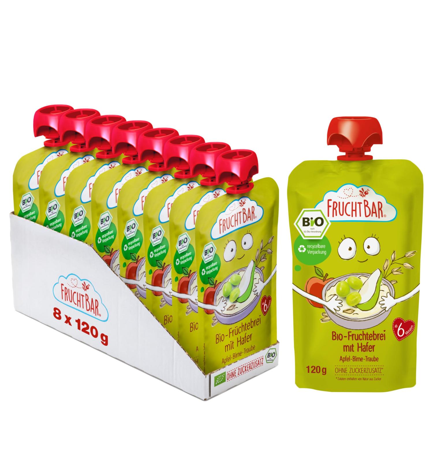 FruchtBar Bio Quetschie Oatmeal Apple Pear Grape - Organic Fruit Puree Squeeze Bags 8x120g | International Shipping - Buy Online on GoSupps.com