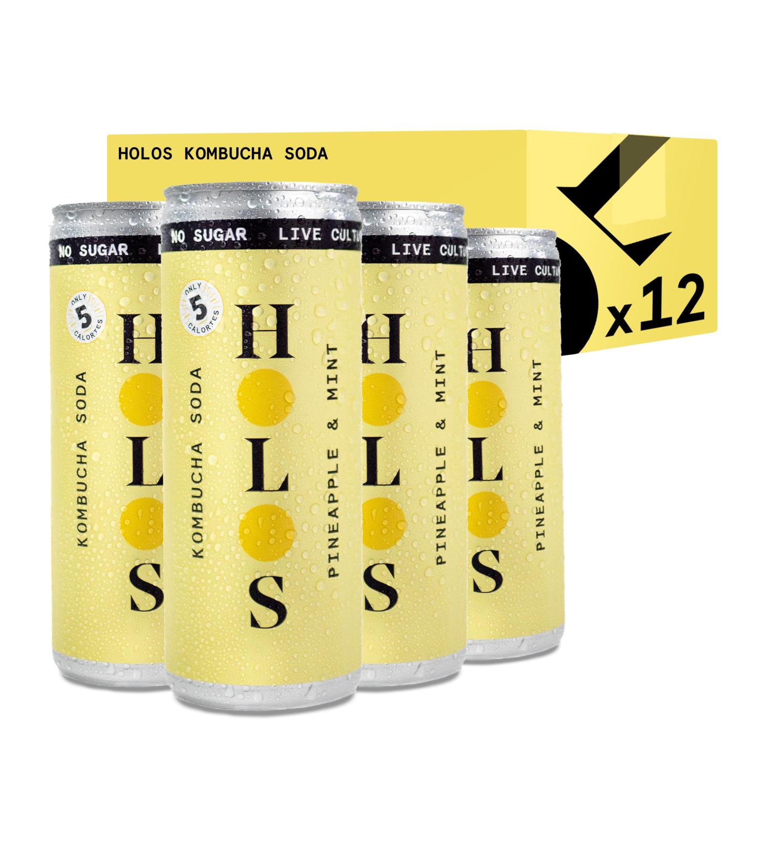 HOLOS Kombucha Soda - Pineapple & Mint 250ml x 12 Cans | No Sugar, Live Cultures, Vegan, Gluten-Free - Buy Online on GoSupps.com