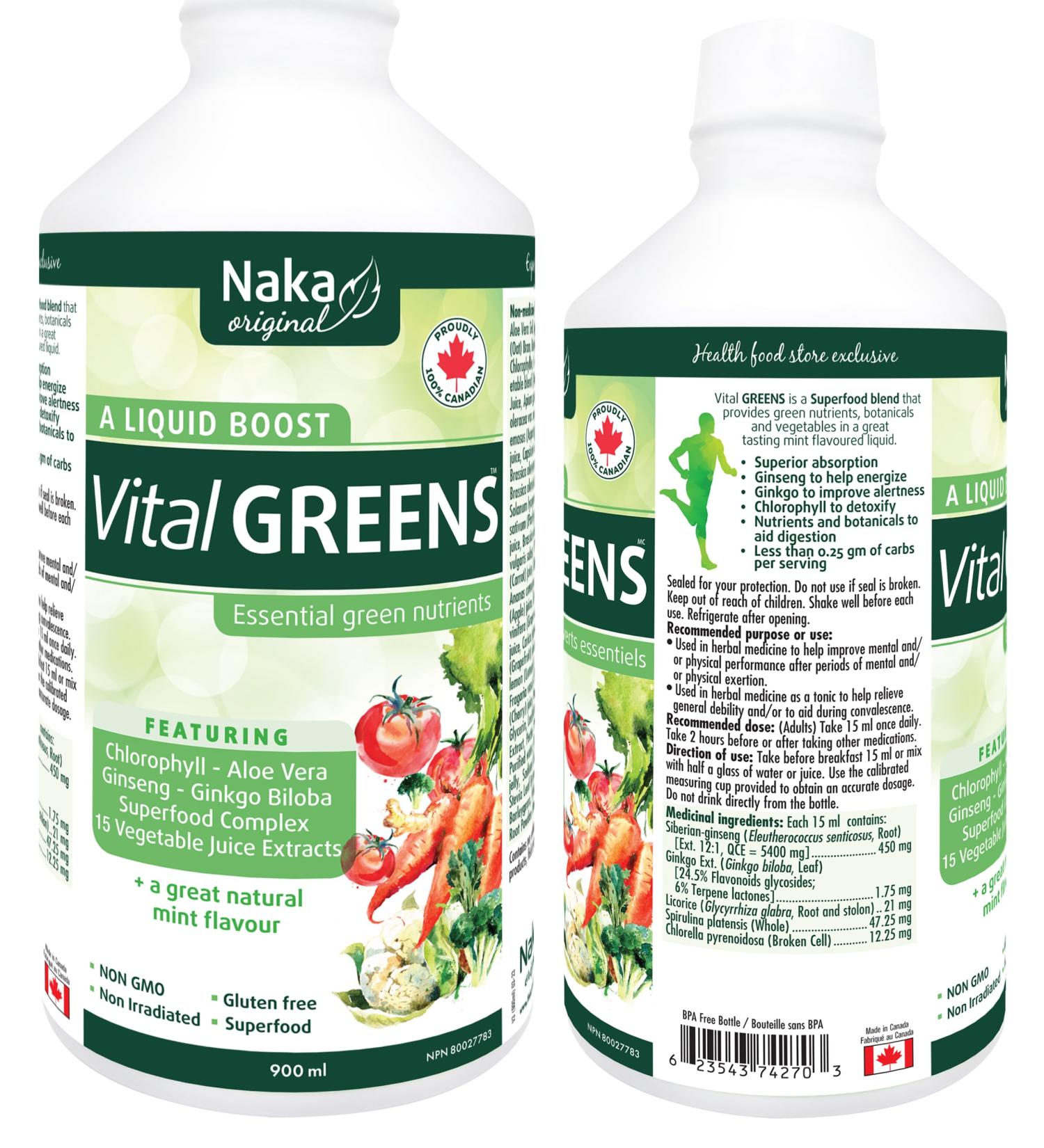 Naka Vital Greens Essential Green Nutrients Featuring Chlorophyll Aloe Vera Ginseng Ginkgo Biloba Super Food Complex and 15 Vegetable Juice Extract Mint Flavour Made in Canada (900ml) - Buy Online on GoSupps.com