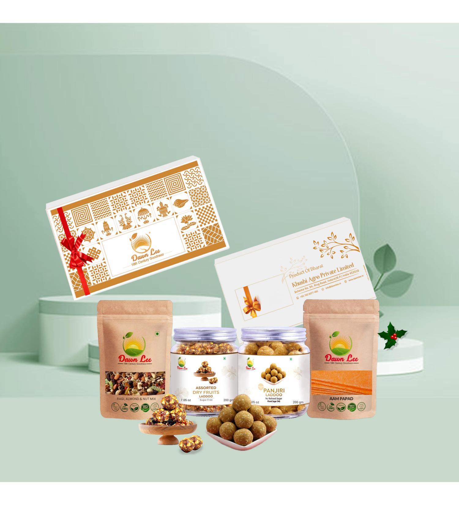 Dawn Lee Mixed Indian Sweets Panjiri Ladoo - Dryfruits Laddu with Snacks Aam Papad- Ragi Almond Mix- Made with Natural Ingredients A2 Billona Ghee - Gluten Free- No Preservatives - 400 Gram