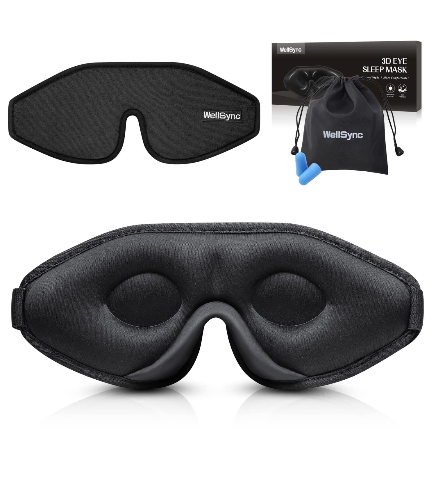 Wellsync 100% Blackout Sleep Mask for Women Men | Comfortable Contoured Eye Cups | 3D Pillowy Soft Light Blocking Eye Mask with Nose Cover | Includes Earplugs | Black - Buy Online on GoSupps.com