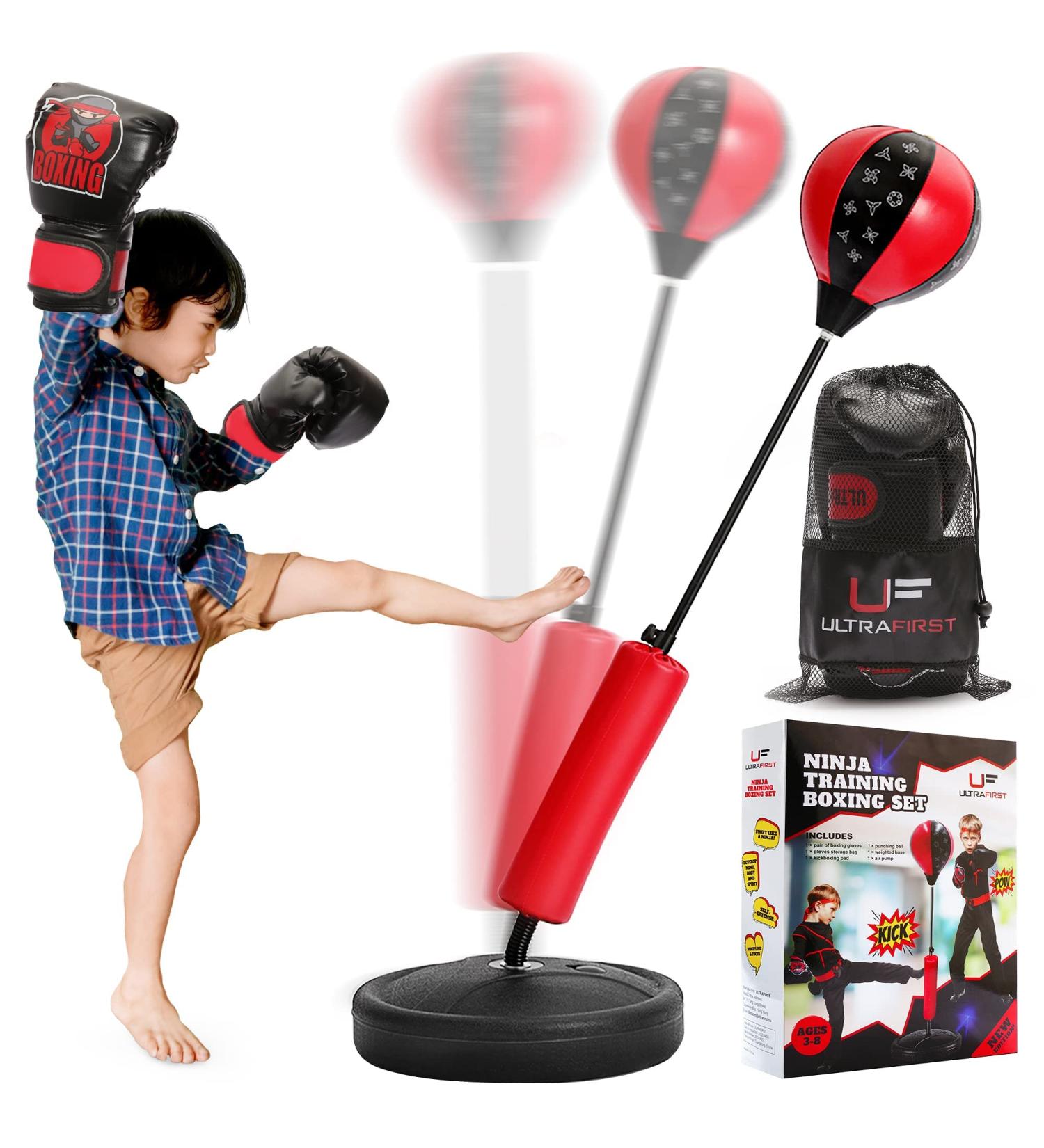 ULTRAFIRST Kids Punching Bag Set with Upgraded Gloves - Adjustable Stand for 3-8 Years - Toddler Boxing and Kicking Bag Set - Buy Online on GoSupps.com