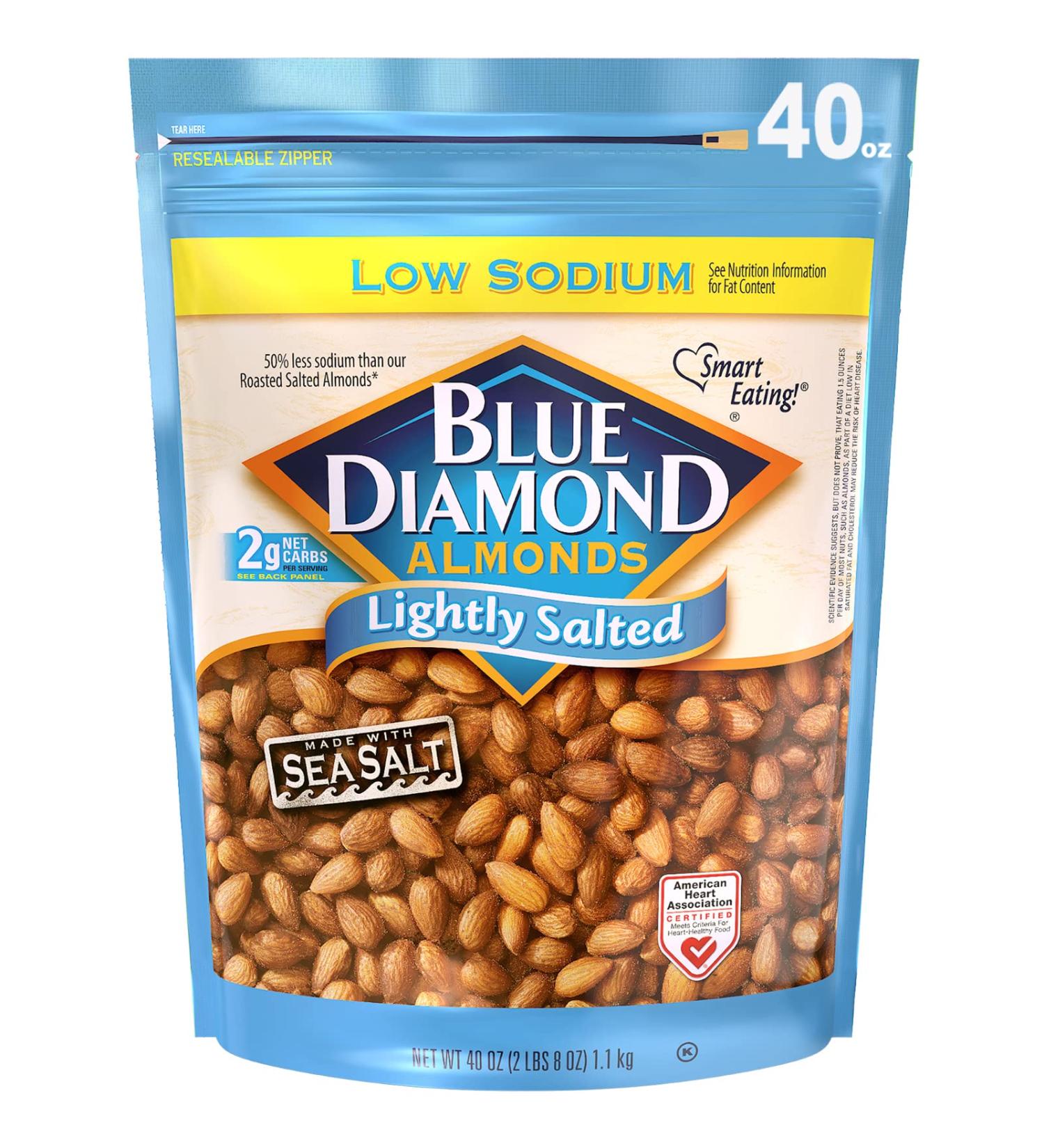 Blue Diamond Almonds Low Sodium Lightly Salted Snack Nuts 40 Oz Resealable Bag - 2.5lb Pack, Healthy & Delicious Option - Buy Online on GoSupps.com