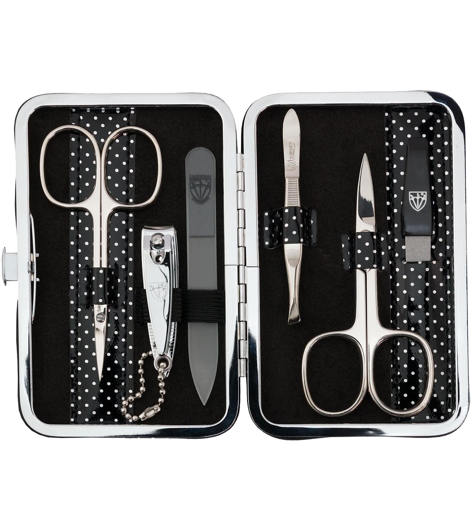 Buy Three Swords Germany 6 pcs Manicure Set 'Genova' - Black Dotted Artificial Leather Nail Care Kit with Scissors Clippers Glass & Sapphire Files - Buy Online on GoSupps.com