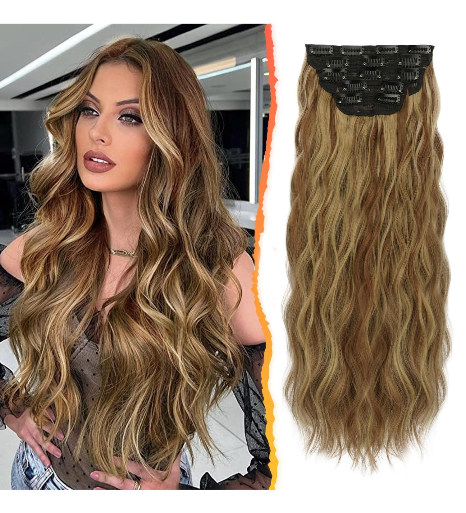 Barsdar 5 PCs Long Wavy Clip-In Hair Extensions - 50 cm Toffee Brown with Gold-Blonde Highlights | Soft Thick & Natural Synthetic Hair for Women & Girls - Buy Online on GoSupps.com