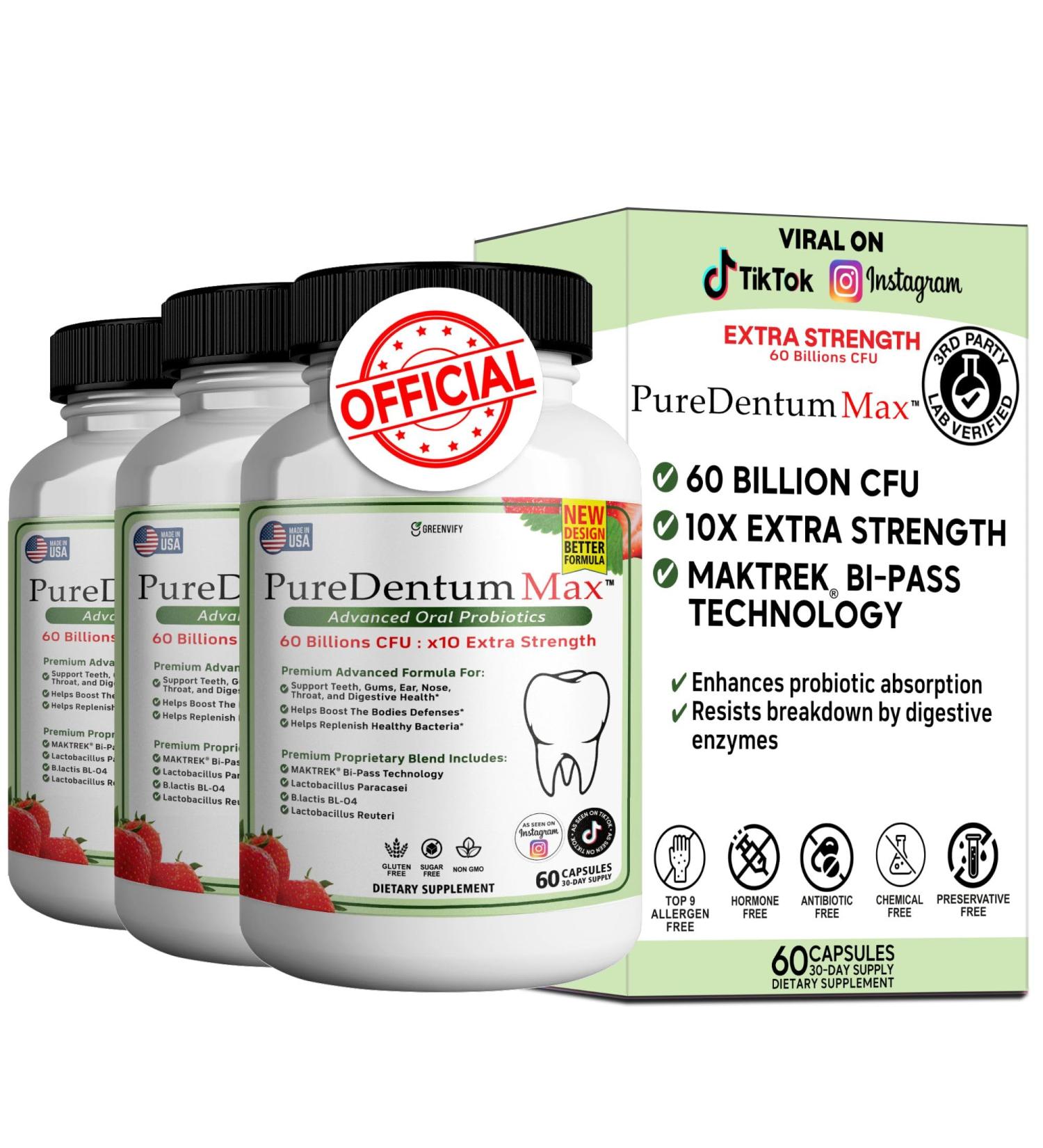 PureDentum for Gums and Teeth Health & Fresh Breath - 40 Billion CFU Advanced Oral Probiotics for Mouth Bad Breath Capsule Supplement - 3 Pack - Buy Online on GoSupps.com