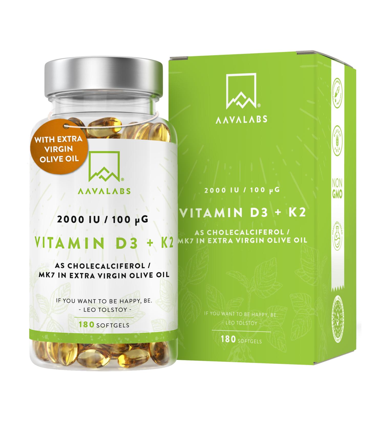 Buy High Dose Vitamin D3 K2 with Olive Oil | 2000 IU Vitamin D & 100 g K2 MK7 | GMO Gluten & Lactose Free | 180 Capsules | Sun Vitamins - Buy Online on GoSupps.com