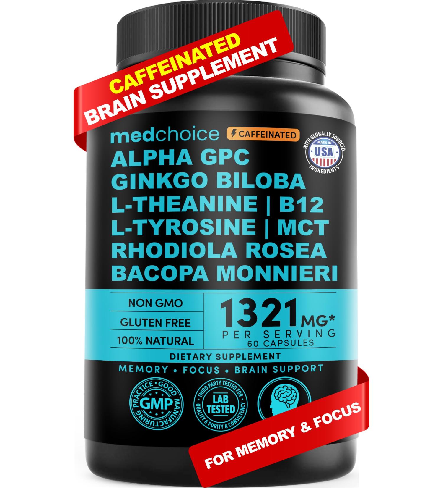12-in-1 Nootropic Brain Supplement with Caffeine Anhydrous: Ginkgo Biloba for Brain Support, Memory and Focus - B12, Alpha GPC, L Theanine and Choline Supplements with Bioperine with 1321mg (60ct) 60 Count (Pack of 1) - Buy Online on GoSupps.com
