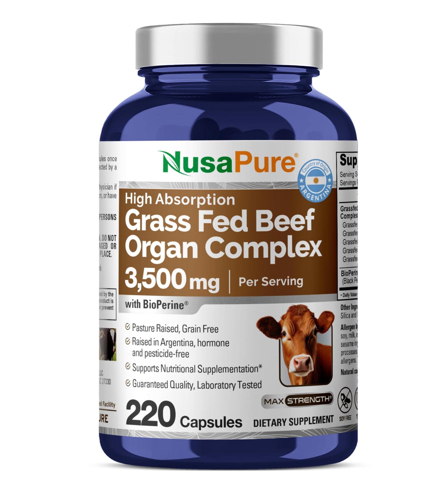 NusaPure Grass Fed Beef Organ Complex | 220 Capsules | Pasture Raised | with Desiccated Liver Kidney Pancreas Heart Spleen | Soyfree Non-GMO Bioperine - Buy Online on GoSupps.com