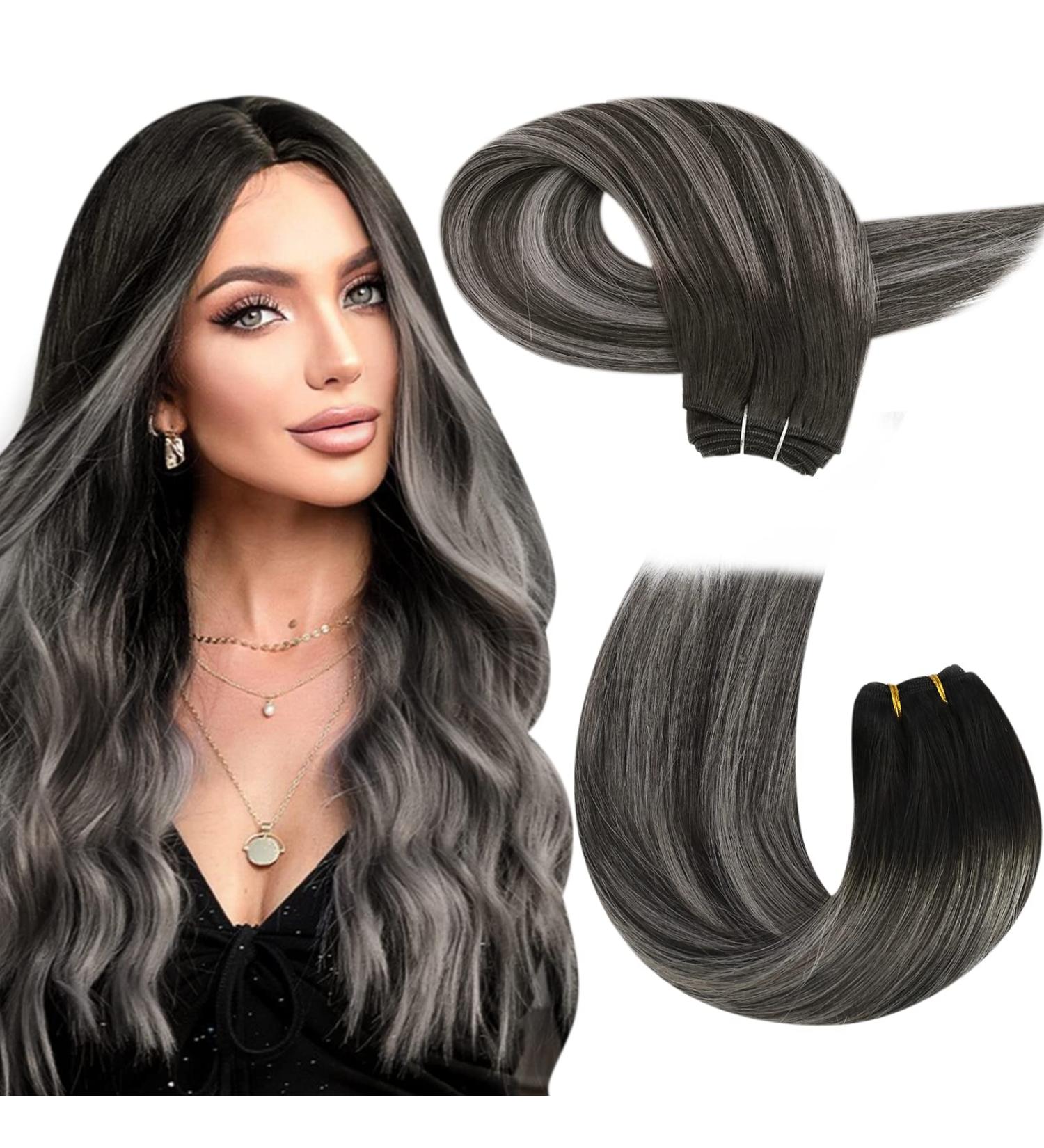 Moresoo Black and Silver Ombre Human Hair Weft Extensions 18 Inch - 100g #1B/Silver Real Sew-in Hair - Buy Online on GoSupps.com
