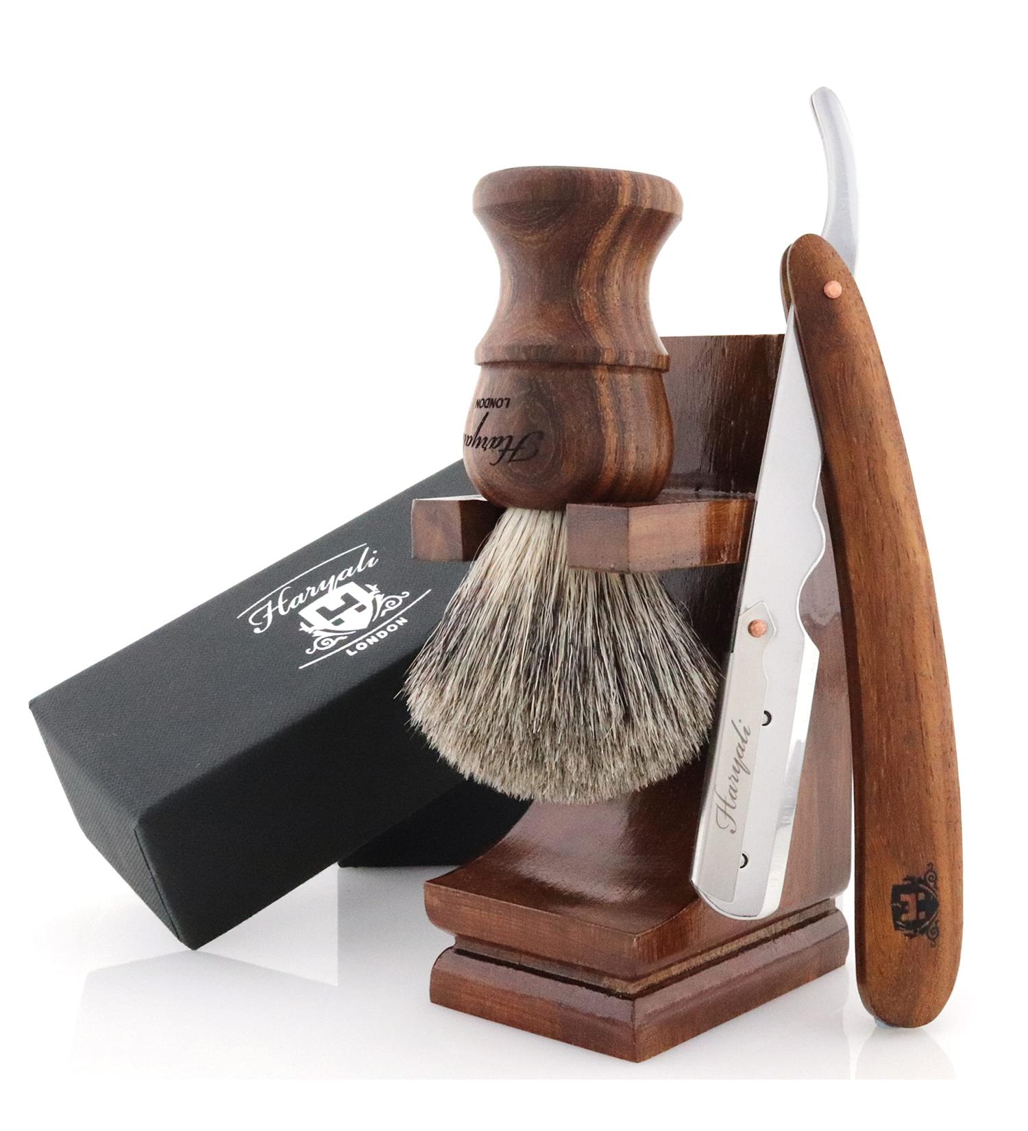 Haryali London Men's Wooden Shaving Set - Straight Razor Black Badger Hair & Stand | Best International Shipping - Buy Online on GoSupps.com