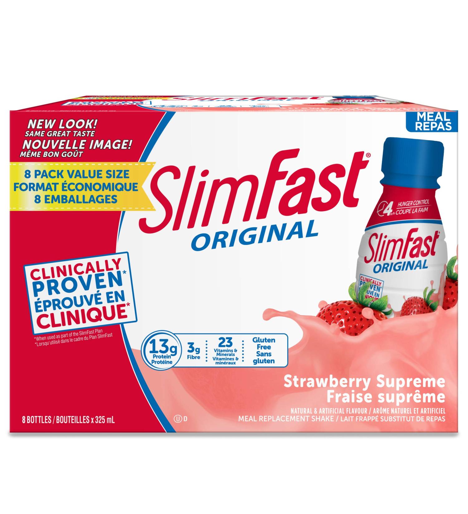 Slim Fast Original Meal Replacement or Weight Loss Ready to Drink Shakes with 13g of Protein 3g of Fibre Plus 23 Vitamins and Minerals Gluten Free Strawberry Supreme 8 Bottles x 325ml - Buy Online on GoSupps.com