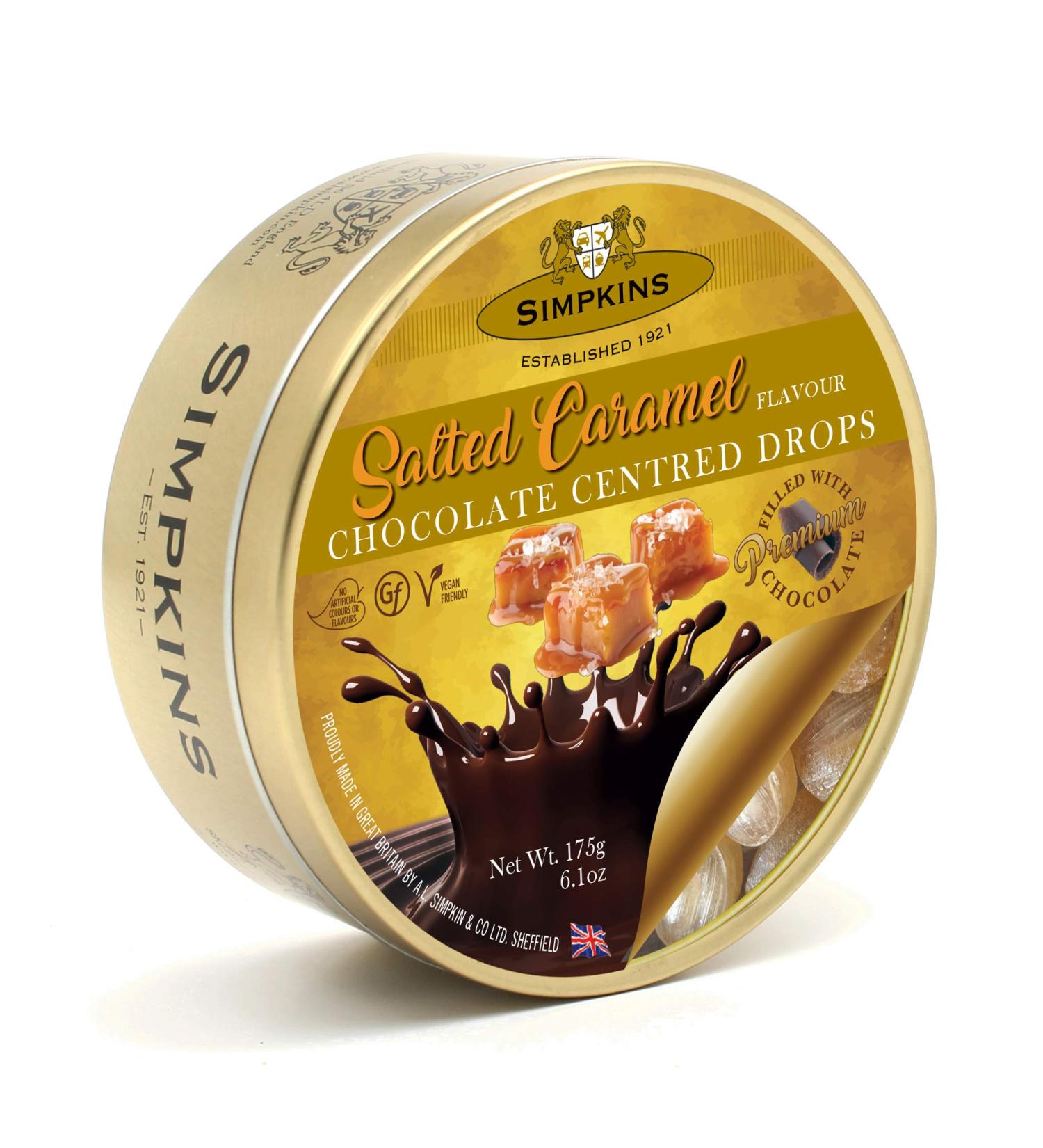 Simpkins Vegan Chocolate Centred Drops Salted Caramel Travel Sweet Tin 175 g
