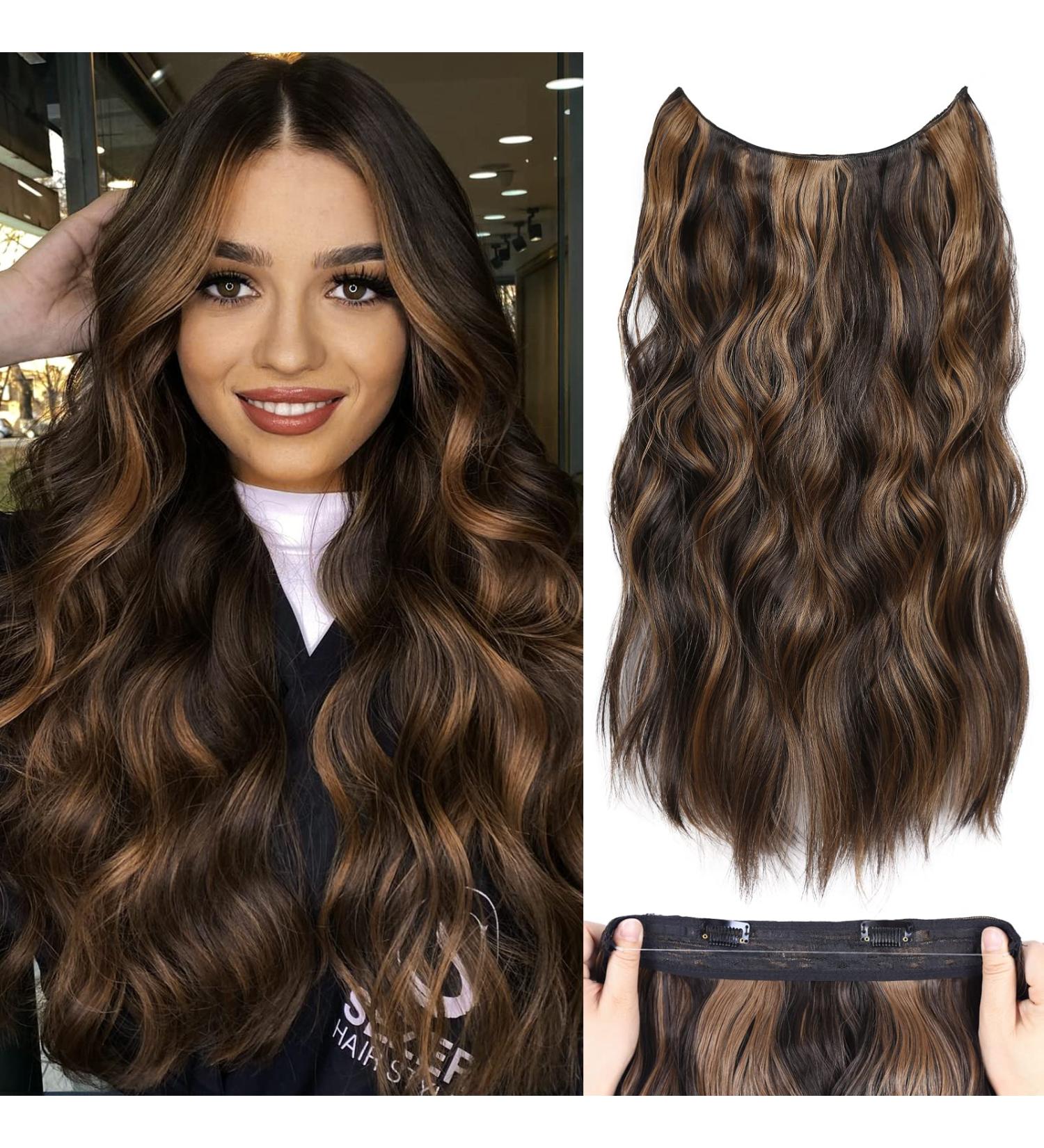 Invisible Wire Hair Extensions 20 with Adjustable Transparent Wire and 2 Clips, Brown Highlighted Caramel Blonde - Synthetic Hair Pieces for Women - Buy Online on GoSupps.com