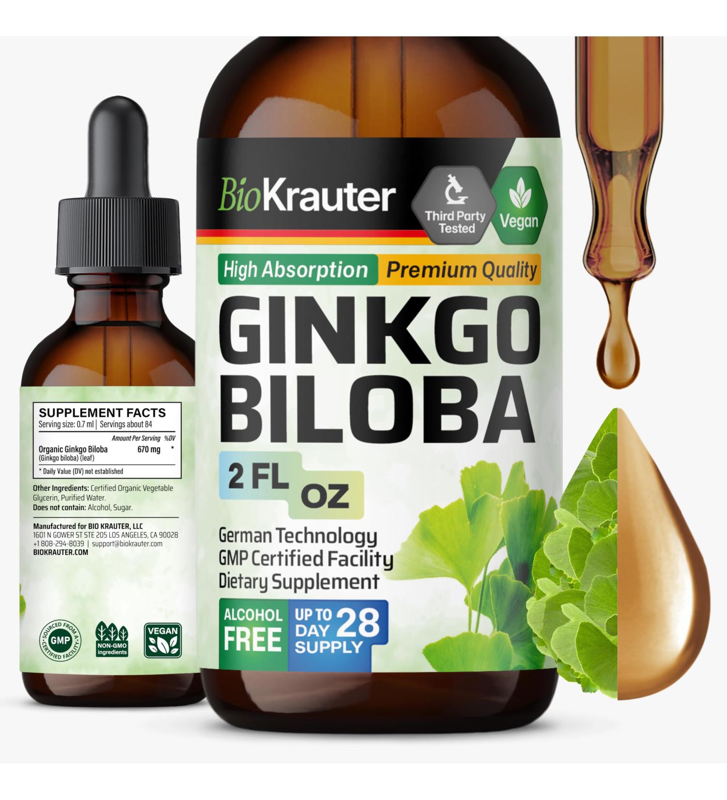 BIO KRAUTER Ginkgo Biloba for Brain Support - Pure Vegan Ginkgo Biloba Supplement 670 mg - Supports Calm Focus & Memory - Alcohol & Sugar Free 2 Fl.Oz 28-Day Supply Liquid Drops for Brain Health 2 Fl Oz (Pack of 1) - Buy Online on GoSupps.com