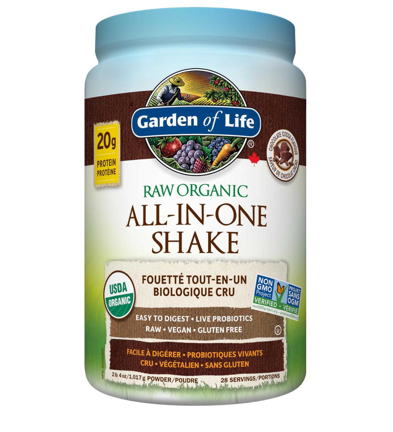 Garden of Life Raw All-in-One Nutritional Shake Chocolate Cocoa (28 servings- 1017g) Packed with 20 grams of Certified Organic Plant Protein packed with incredible nutrition to help build lean muscle. Assists in the building of lean muscle when combined w - Buy Online on GoSupps.com