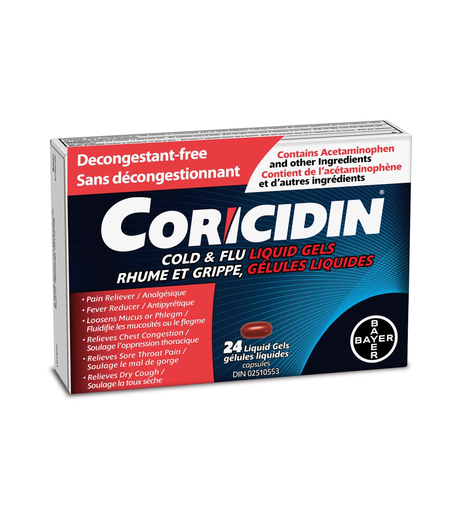 Coricidin Decongestant Free Cough and Cold Medicine - Cough cold and flu medicine for adults Effective Symptom Relief From Sore Throat Cough Chest Congestion Fever and Headaches 24 Liquid Gels - Buy Online on GoSupps.com