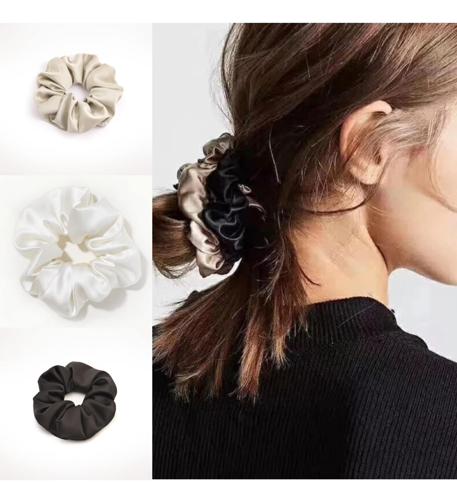 Set of 3 Large 6A Mulberry Silk Scrunchies in Satin Bag - Champagne, Black, White - Buy Online on GoSupps.com