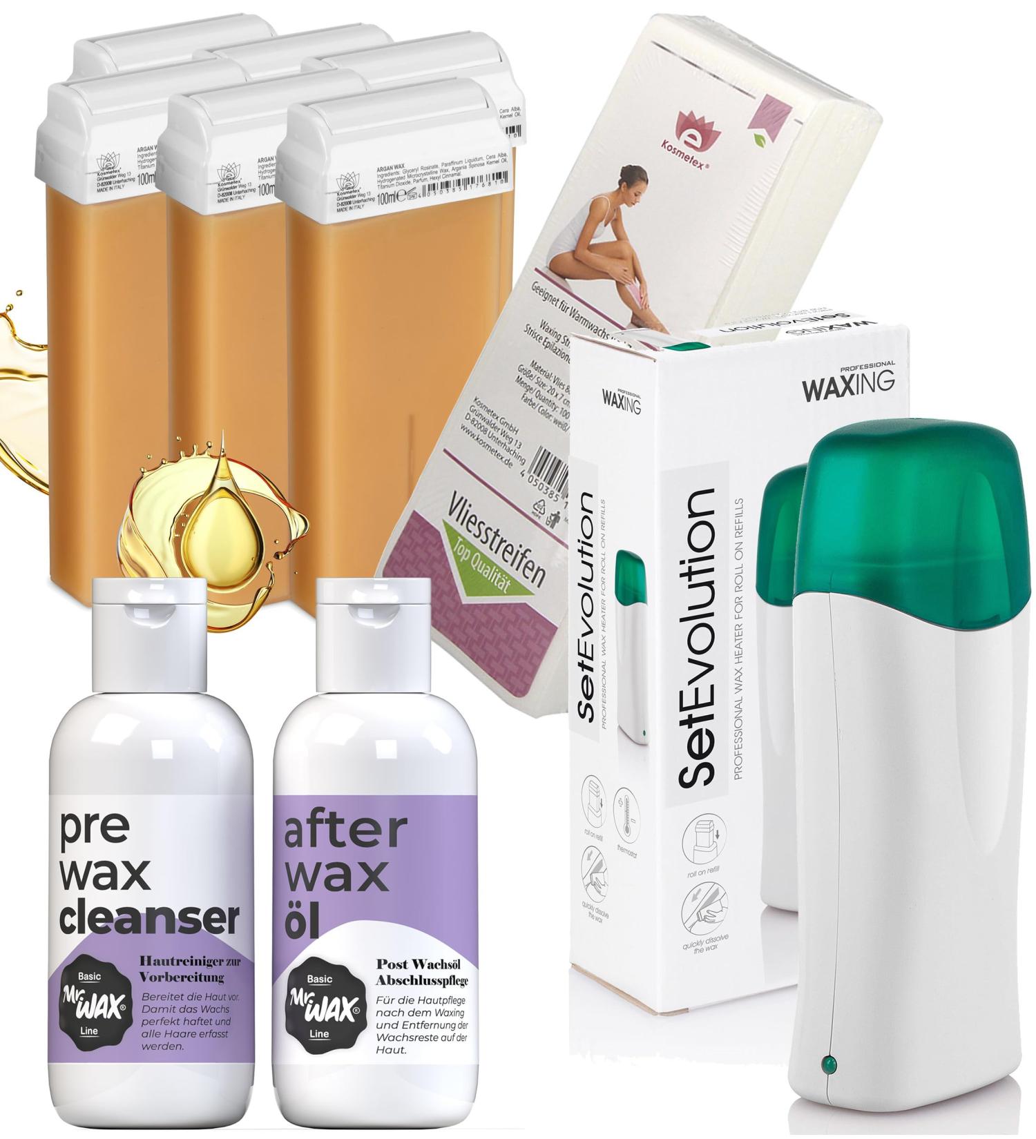 Cosmetex Wax Warmer Argan Waxing Set - 6 Roll-On Waxing Boxes Warmer Fleece Strips Skin Cleaner & After Wax Oil - Ultimate Hair Removal Solution - Buy Online on GoSupps.com