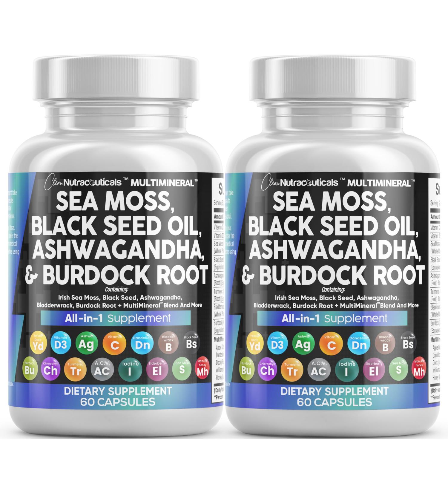 Sea Moss & Black Seed Oil Supplement - 3000mg Sea Moss 2000mg Black Seed Oil & More | 2-Pack of Ashwagandha Turmeric Bladderwrack & Vitamins for Immunity & Wellness - International Shipping Available - Buy Online on GoSupps.com