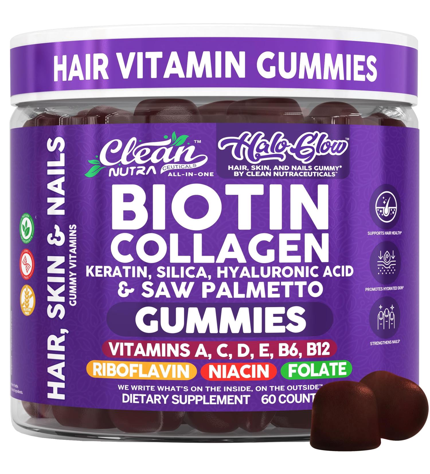 Clean Nutra Biotin Gummies | Collagen Hyaluronic Acid Keratin Hair Vitamins Supplement - Hair Growth Support Skin & Nails - Vitamins C D E B6 & B12 - US Made for Women & Men | 60 Gummy Count - Buy Online on GoSupps.com