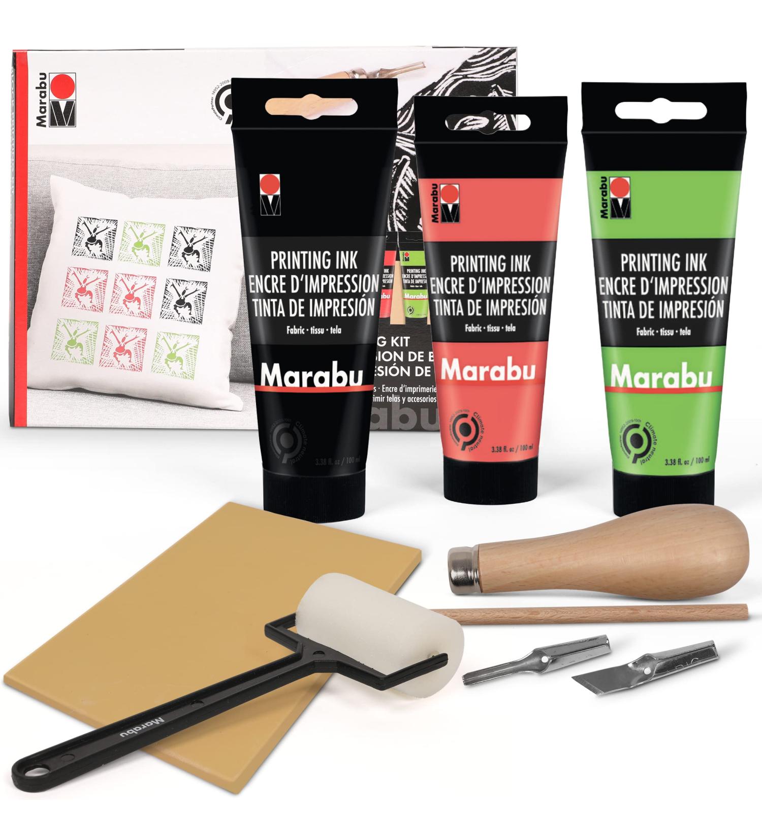 Marabu Block Printing Kit - Linocut with Ink, Cutter, Rubber Block & Brayer Roller - Linoleum Printmaking Starter Set - Buy Online on GoSupps.com