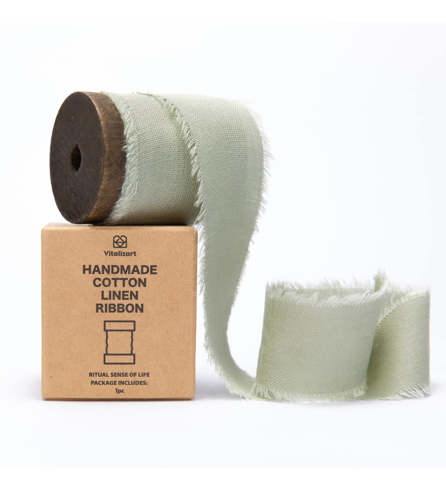 Sage Green Linen Ribbon 1.5 x 5Yd Spool - Rustic Frayed Cotton Ribbon for Gift Wrapping, Wedding Invitations & Bouquets - Buy Online on GoSupps.com