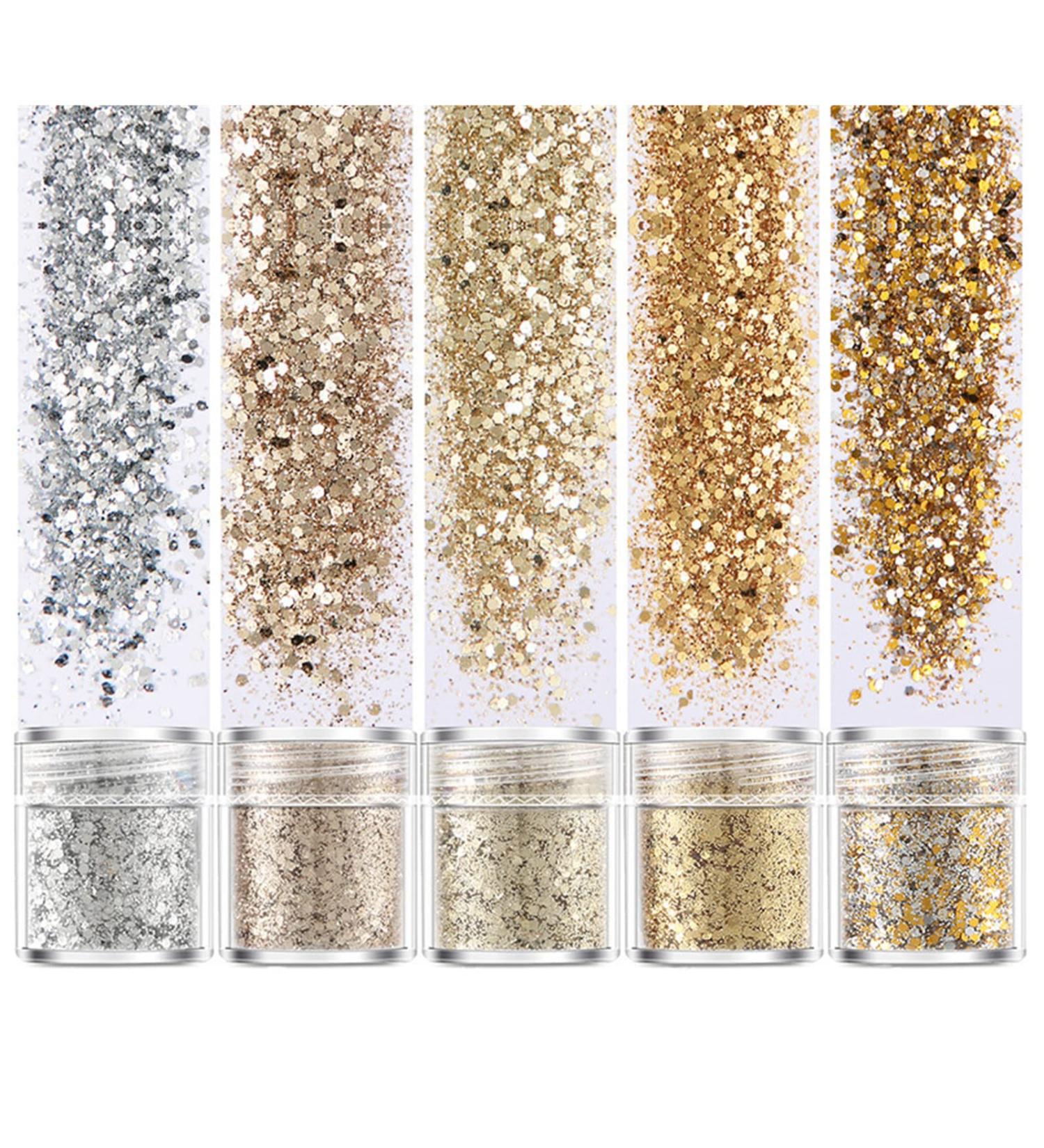 5 Set Holographic Chunky Glitter Nail Sequins for Body, Face, Hair - Gold & Silver Shades - Buy Online on GoSupps.com