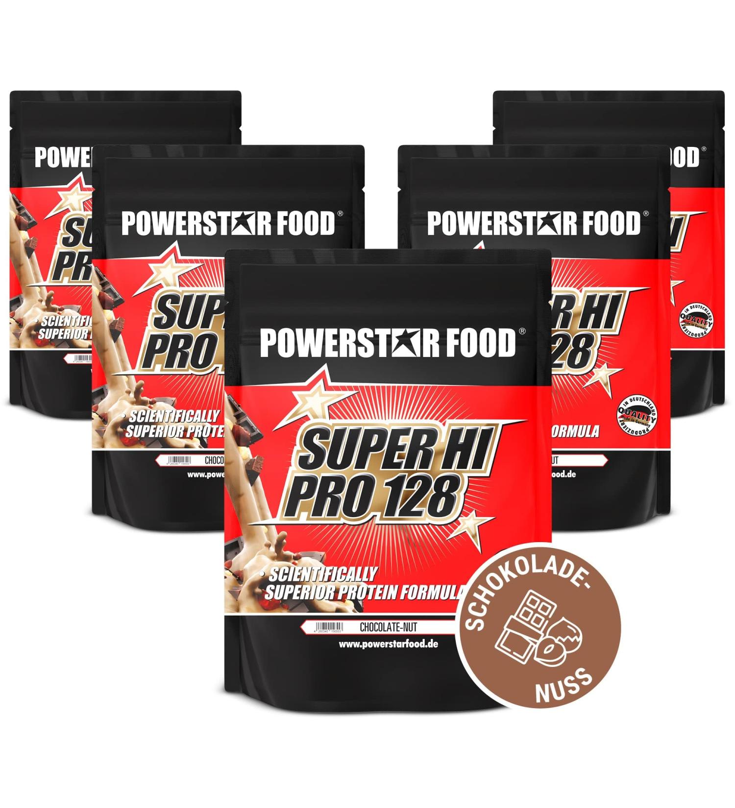 Powerstar Super Hi Pro 128 | Multi-Component Protein Powder | 79% Protein | Chocolate-Nut Flavor | 5x1000g Muscle Building Shake - Buy Online on GoSupps.com
