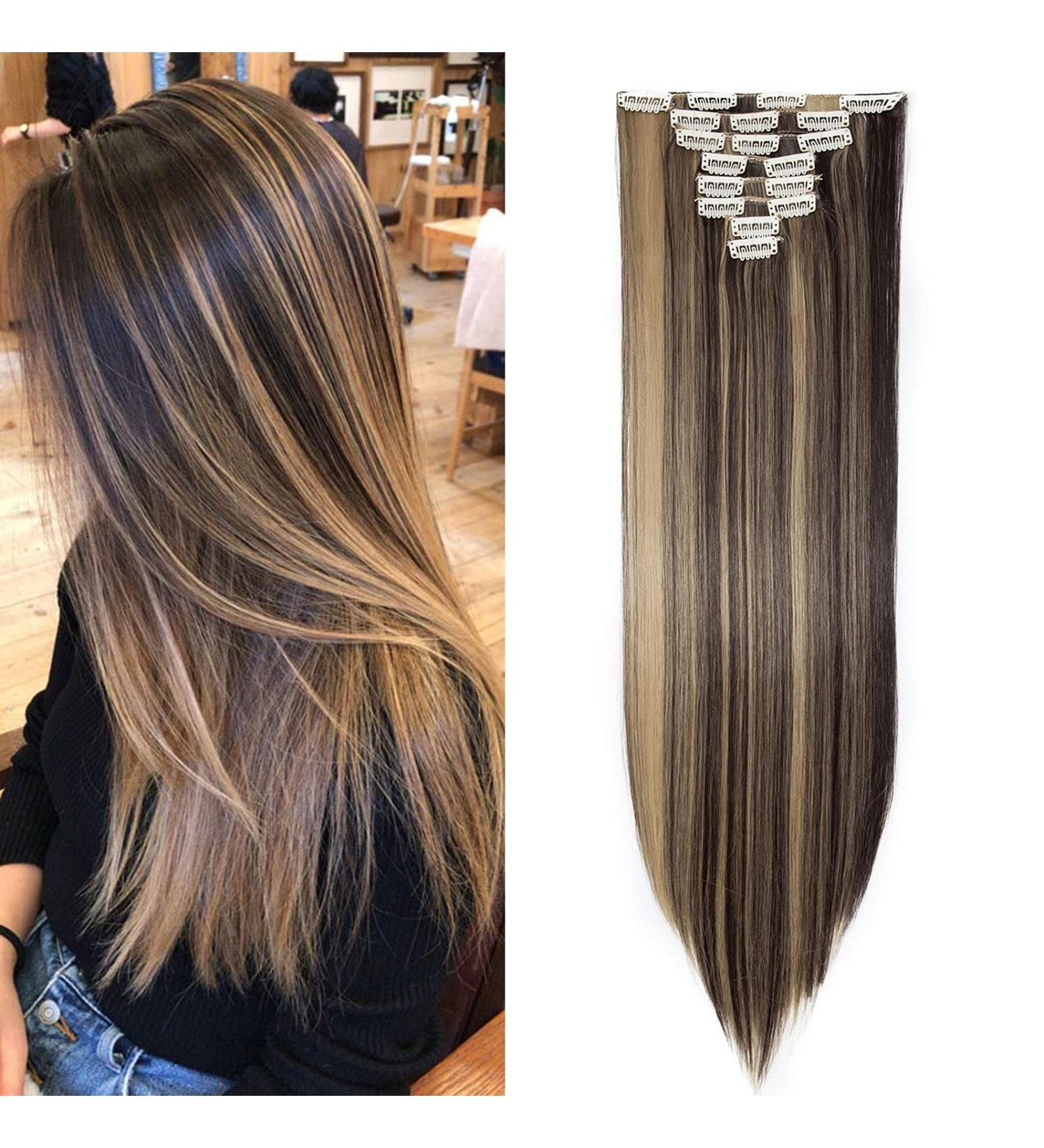 Clip In Hair Extensions - Realistic Synthetic 66cm Dark Brown & Ash Blonde - 18 Clips for Full Head Coverage - Buy Online on GoSupps.com