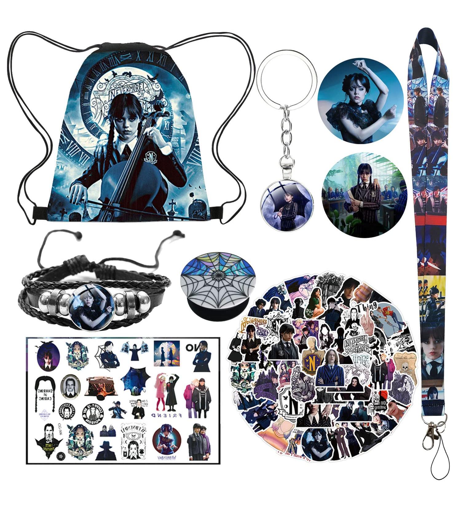 HERONGSHENG Wednesday Addams Merchandise Set  Wednesday Addams Party Favors Include Drawstring Bag  Stickers  Lanyard  Keychains  Bracelet  Button Pins  Phone Holder  Tattoo Sticker - Buy Online on GoSupps.com