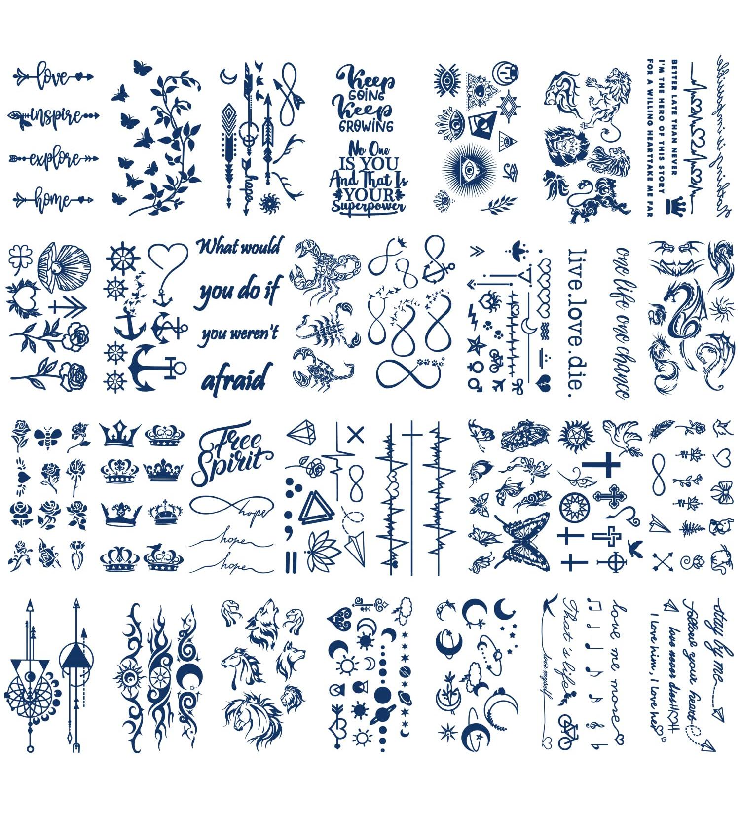 Semi-Permanent Waterproof Tiny Tattoo Stickers for Women, Girls, and Kids - Dark Blue Floral Rose Crown Design - Lasts 1-2 Weeks - 30 Sheets - Buy Online on GoSupps.com