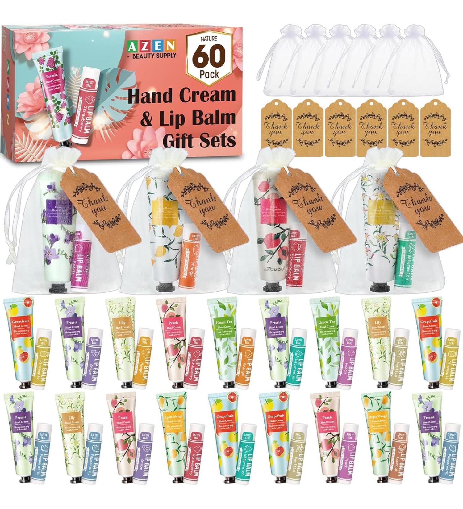 AZEN 60 Sets Hand Cream Bulk and Lip Balm Bulk Set Bridal Shower Gifts for Guests with Organza Bag Thank You Card Thank You Gifts for Coworkers Women Men Bridal Wedding Favors for Guests - Buy Online on GoSupps.com