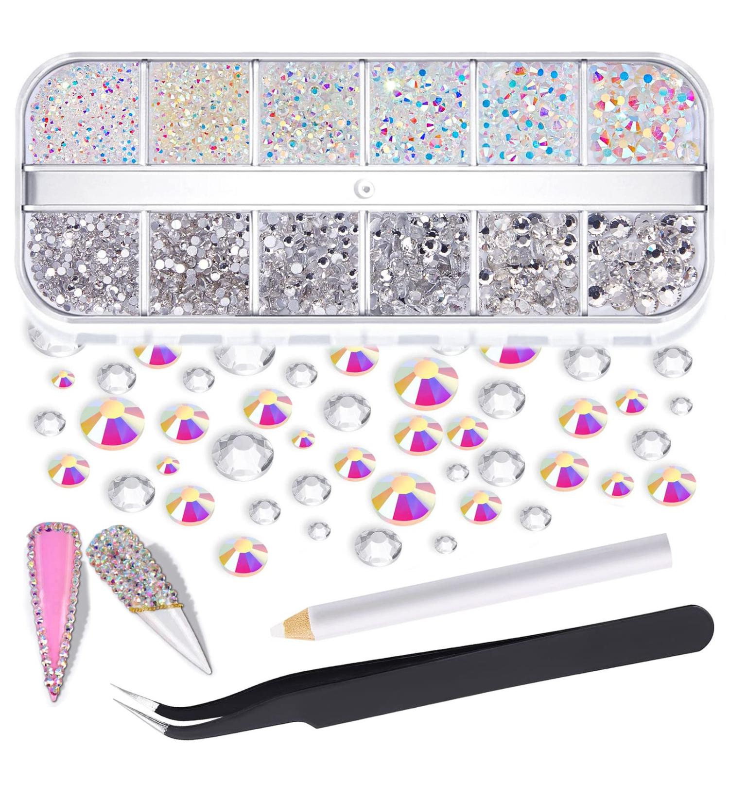 Rhinestones 2000 Pcs Nail Art Gems Clear Rhinestones Crystal AB FlatBack Rinestone Diamonds Tooth Gem with Tweezer for Nails Craft 6 Sizes - Buy Online on GoSupps.com