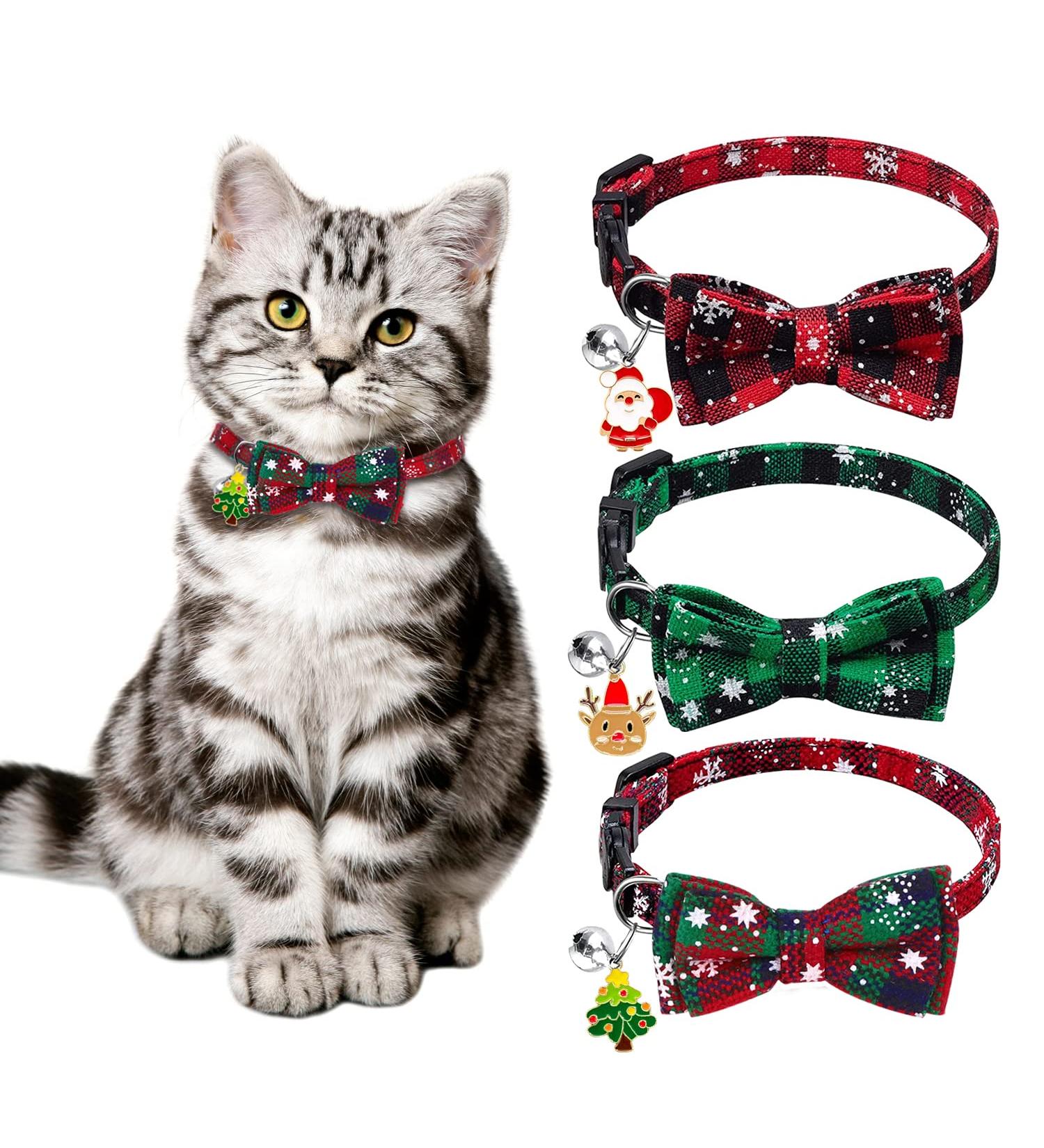 YUJUN 3Pack Christmas Cat Collars with Bow tie and Bell - Adjustable Plaid Snowflake Collar for Kittens - Breakaway Buckle Safety for Puppy - Buy Online on GoSupps.com