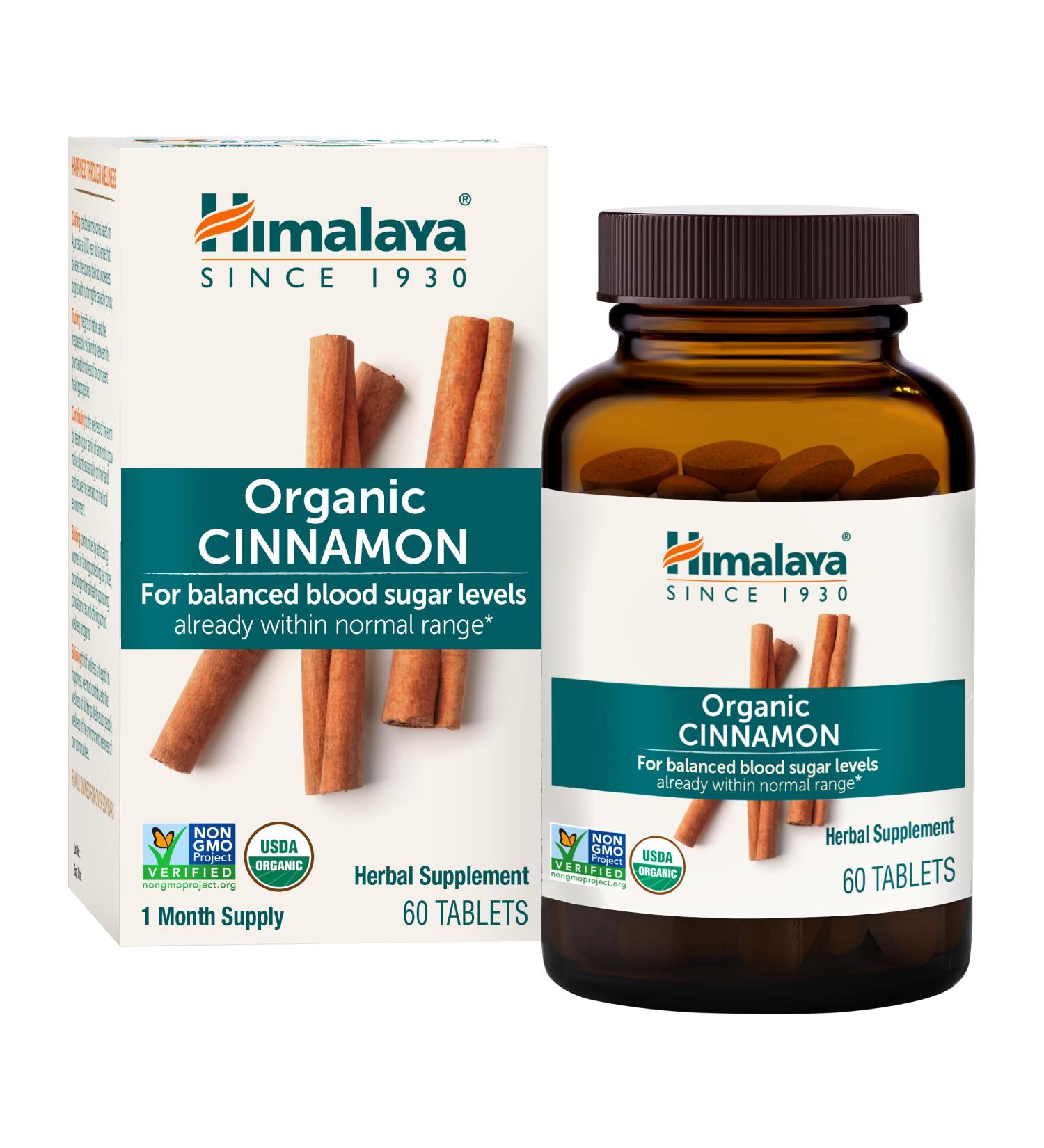 Himalaya Organic Cinnamon 30 Day Supply - Herbal Glucose Metabolism Support - USDA Organic Non-GMO Vegan Gluten Free 1100 mg 60 Tablets - Buy Online on GoSupps.com