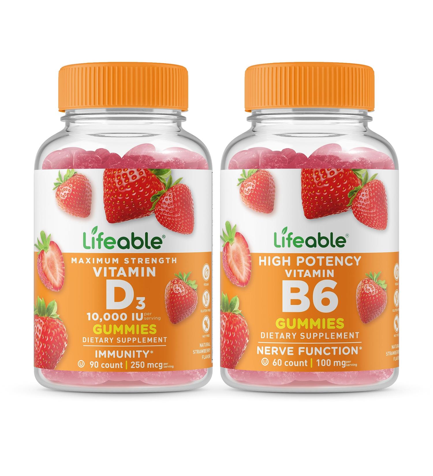 Lifeable Vitamin D 10000 IU + Vitamin B6 Gummies Bundle - Great Tasting Vitamin Supplement Gluten Free GMO Free Chewable Gummy - Buy Online on GoSupps.com
