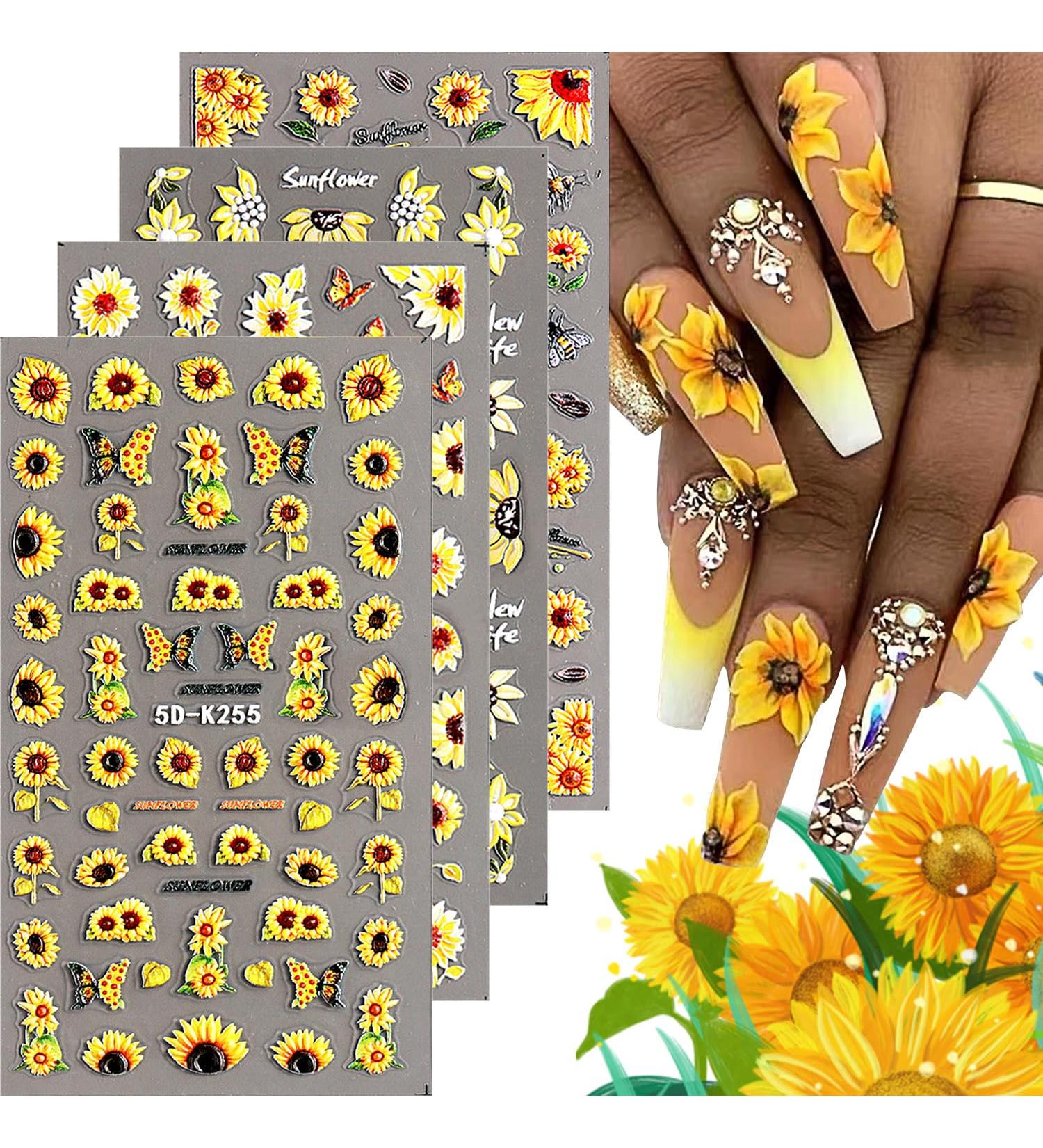 4 Sheets Sunflower Nail Art Stickers | 5D Embossed Floral Decals for Summer Manicure | Self-Adhesive Nail Decorations for Women - Buy Online on GoSupps.com