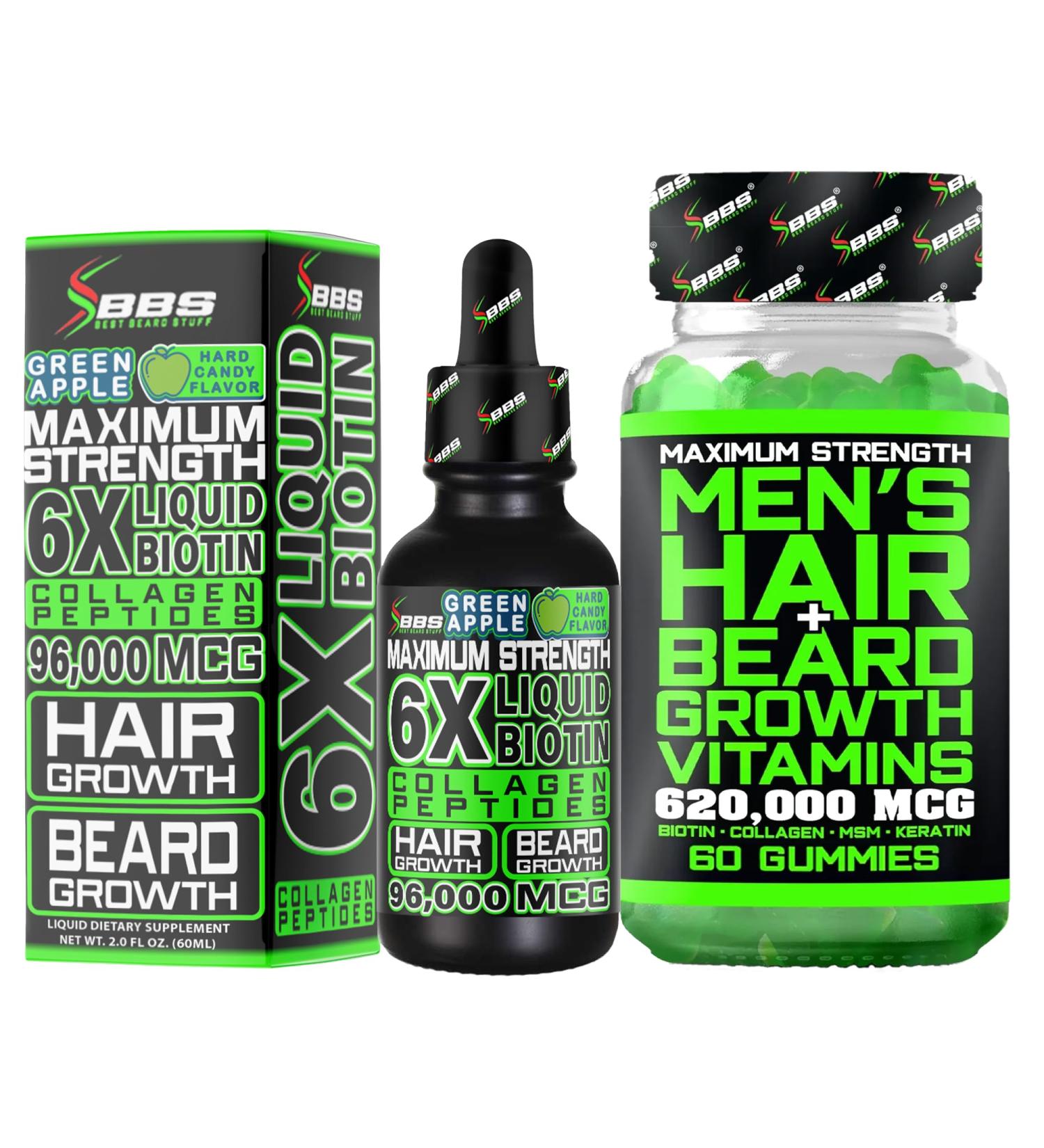 Beard Growth Kit w/ 6X Liquid BIOTIN Supplement with Collagen Peptides + 620,000mcg 14-in-1 BIOTIN Gummies/Beard Growth Vitamins & Hair Growth Vitamins for Men - Formulated in America - Buy Online on GoSupps.com