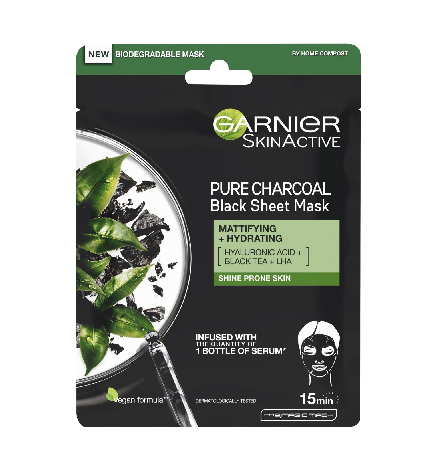 Garnier Charcoal & Black Tea Sheet Mask with Hyaluronic Acid - Purifying, Hydrating, and Mattifying Face Mask - Vegan & Biodegradable - 28g - Buy Online on GoSupps.com