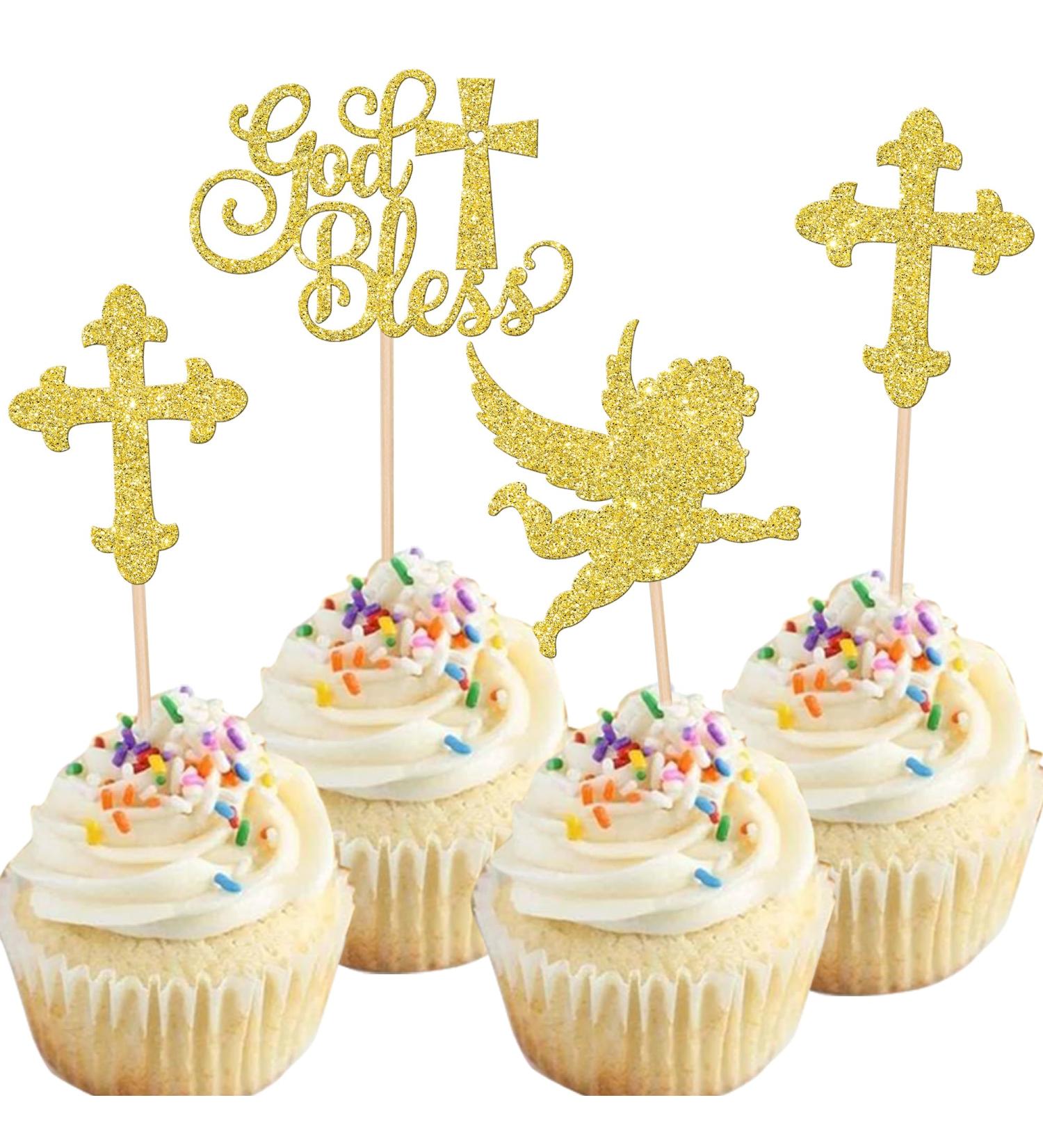 Rsstarxi 24 Pack God Bless and Cross Cupcake Toppers Angel Christening Cupcake Picks Babyshower Boy Baptism Cake Decorations for First Communion Baptism Party Decorations Gold - Buy Online on GoSupps.com