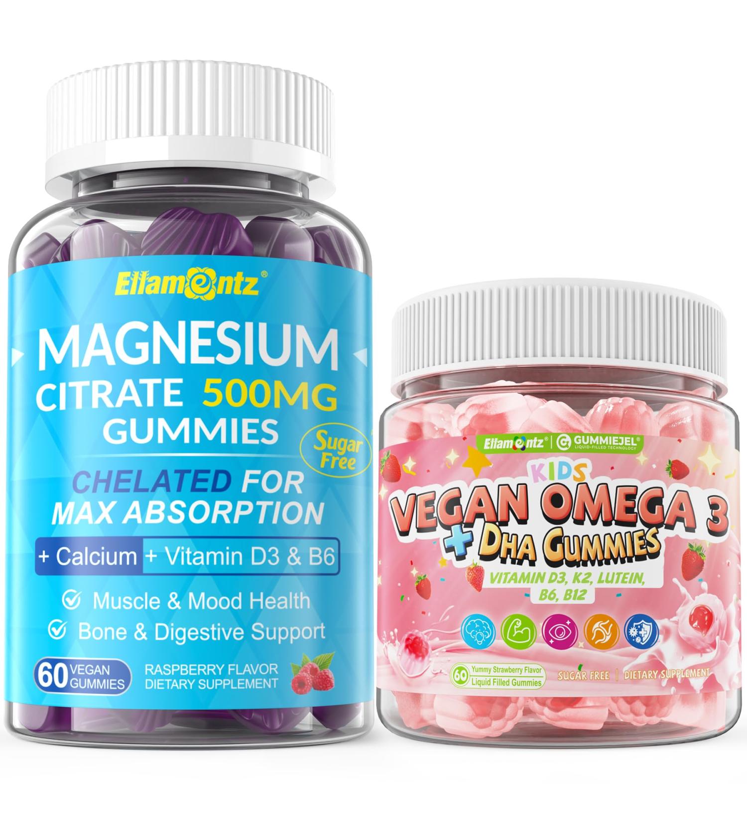 2 Pack Magnesium Citrate Gummies 500mg for Women Men Sugar-Free + Omega 3 Gummies for Kids 4+ with DHA Vitamin D3 K2 - Buy Online on GoSupps.com