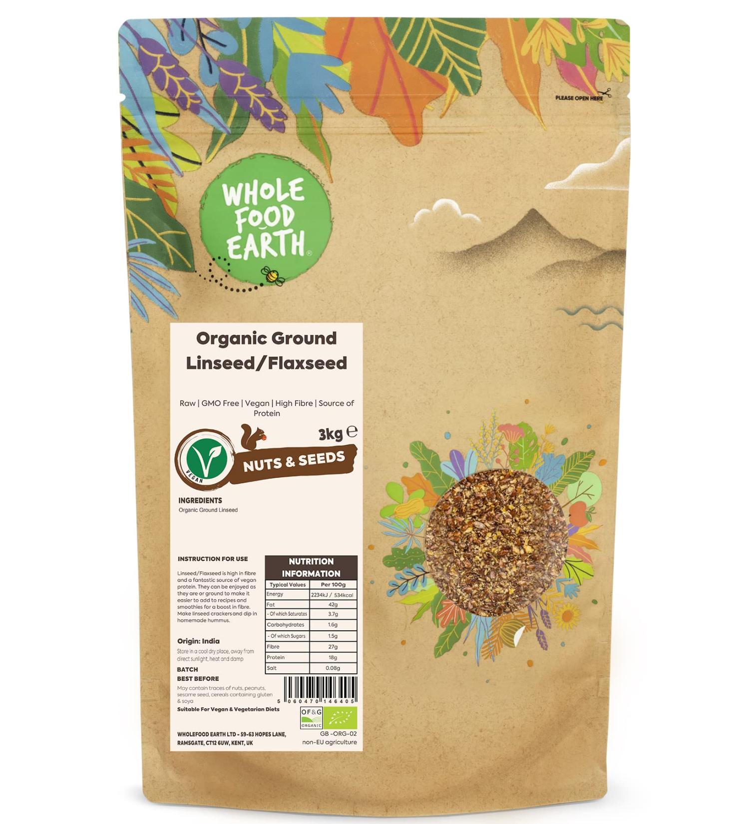 Wholefood Earth Organic Ground Linseed/Flaxseed 3kg - GMO Free, Vegan, High Fibre, Protein Source - Certified Organic - Buy Online on GoSupps.com