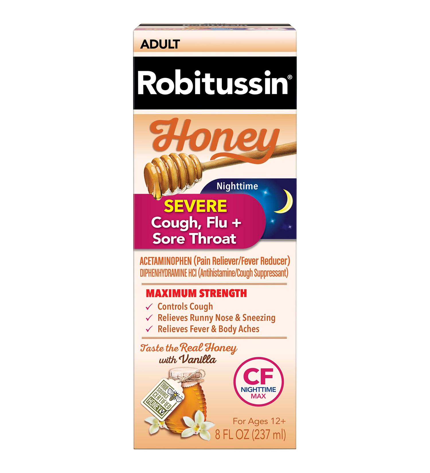 Robitussin Honey Severe Cough Flu & Sore Throat Nighttime Max Syrup 8 oz - Ages 12+ | Fast Relief - Buy Online on GoSupps.com