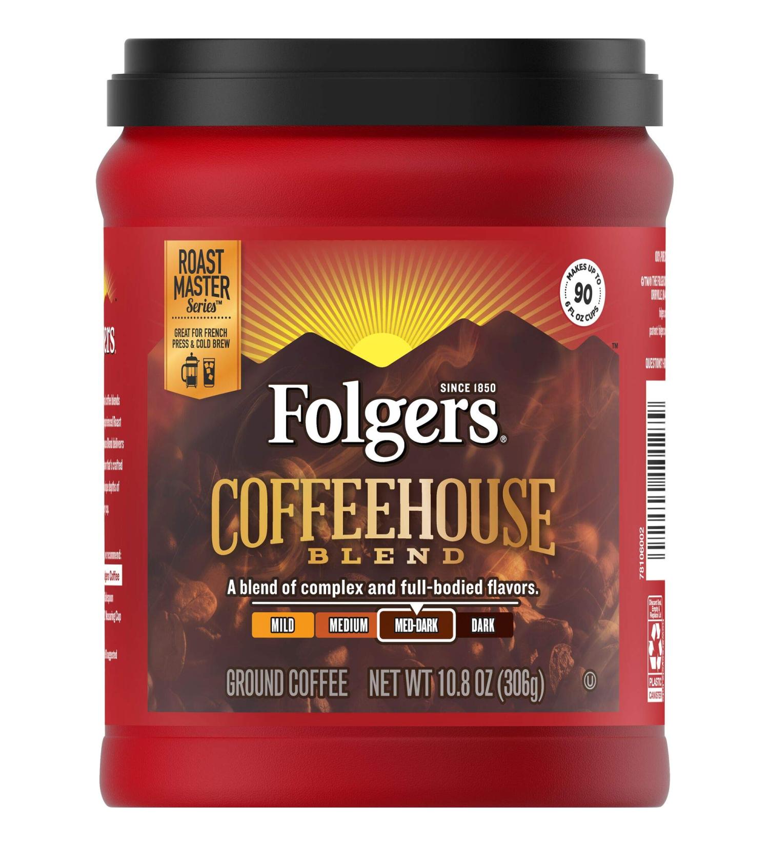 Folgers Coffeehouse Blend Medium Dark Ground Coffee 306g Tub - Buy Online on GoSupps.com
