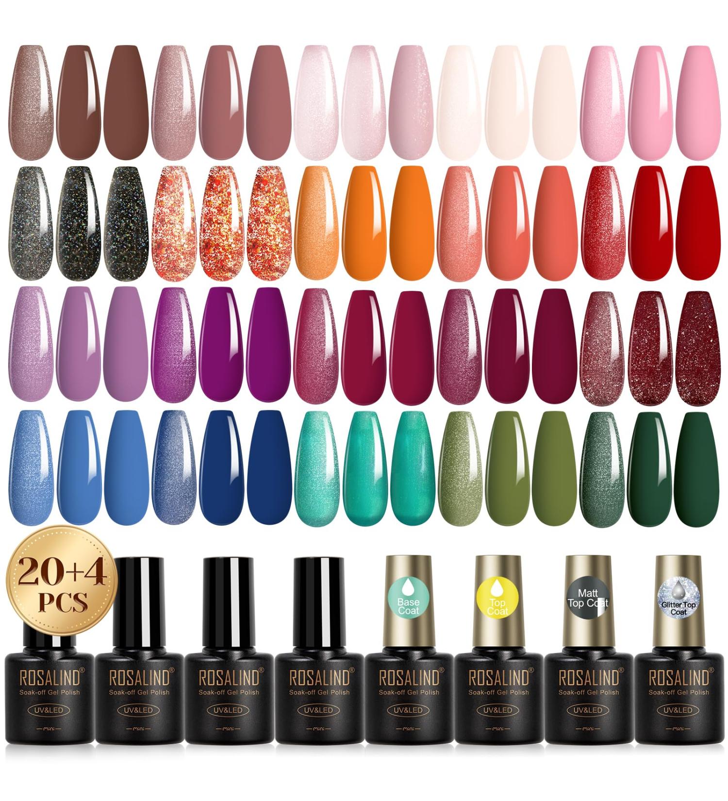 ROSALIND 20 Colors Gel Nail Polish Set - Orange Red & Purple Wine - Base Coat & Top Coats Included - 24PCS Manicure Kit for All Seasons - Buy Online on GoSupps.com