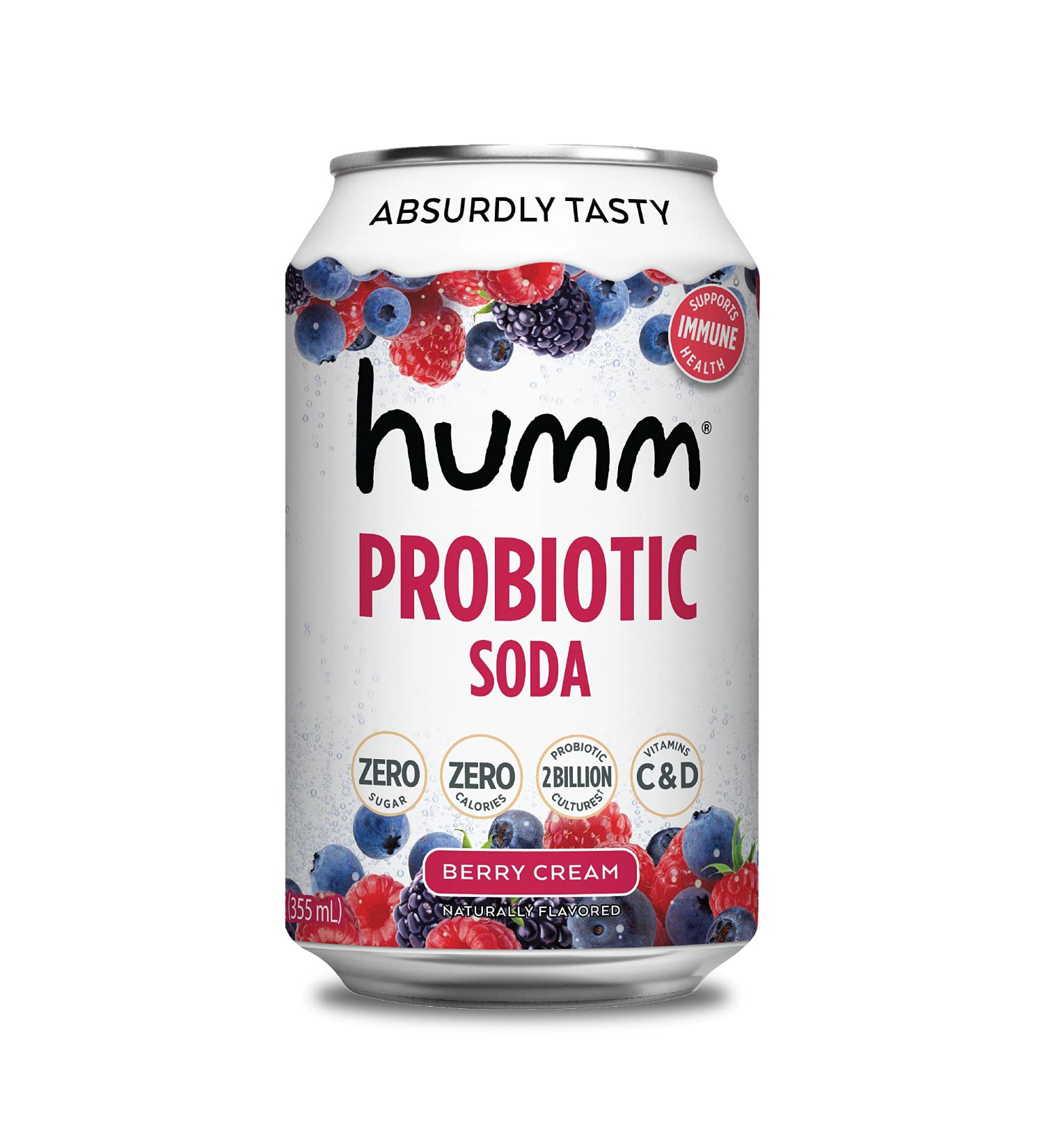 Humm Sparkling Probiotic Berry Cream Soda - Zero Sugar & Calorie, 2 Billion Probiotics, Vitamin C, D, and B12 - 12 fl oz (Pack of 6) - Buy Online on GoSupps.com