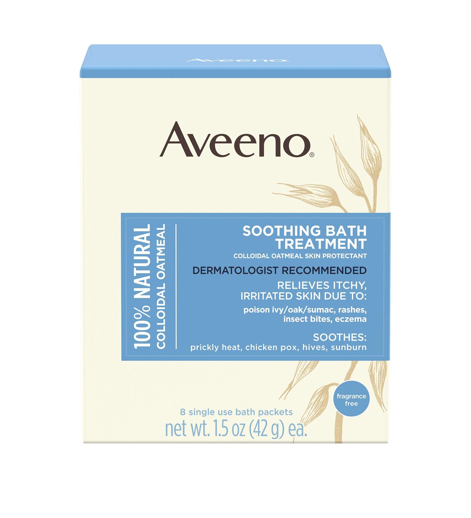 Aveeno Soothing Bath Treatment with 100% Natural Colloidal Oatmeal - Relief for Dry, Itchy Skin from Poison Ivy, Eczema, Sunburn, Rash, Insect Bites & Hives - 8 ct - Buy Online on GoSupps.com